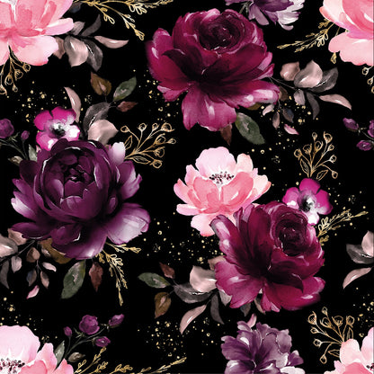 Jersey chaud en coton - pivoines sur fond noir