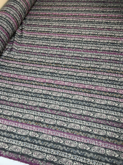 Italian chiffon fabric with black-purple paisley pattern and lurex thread 70 g/m²