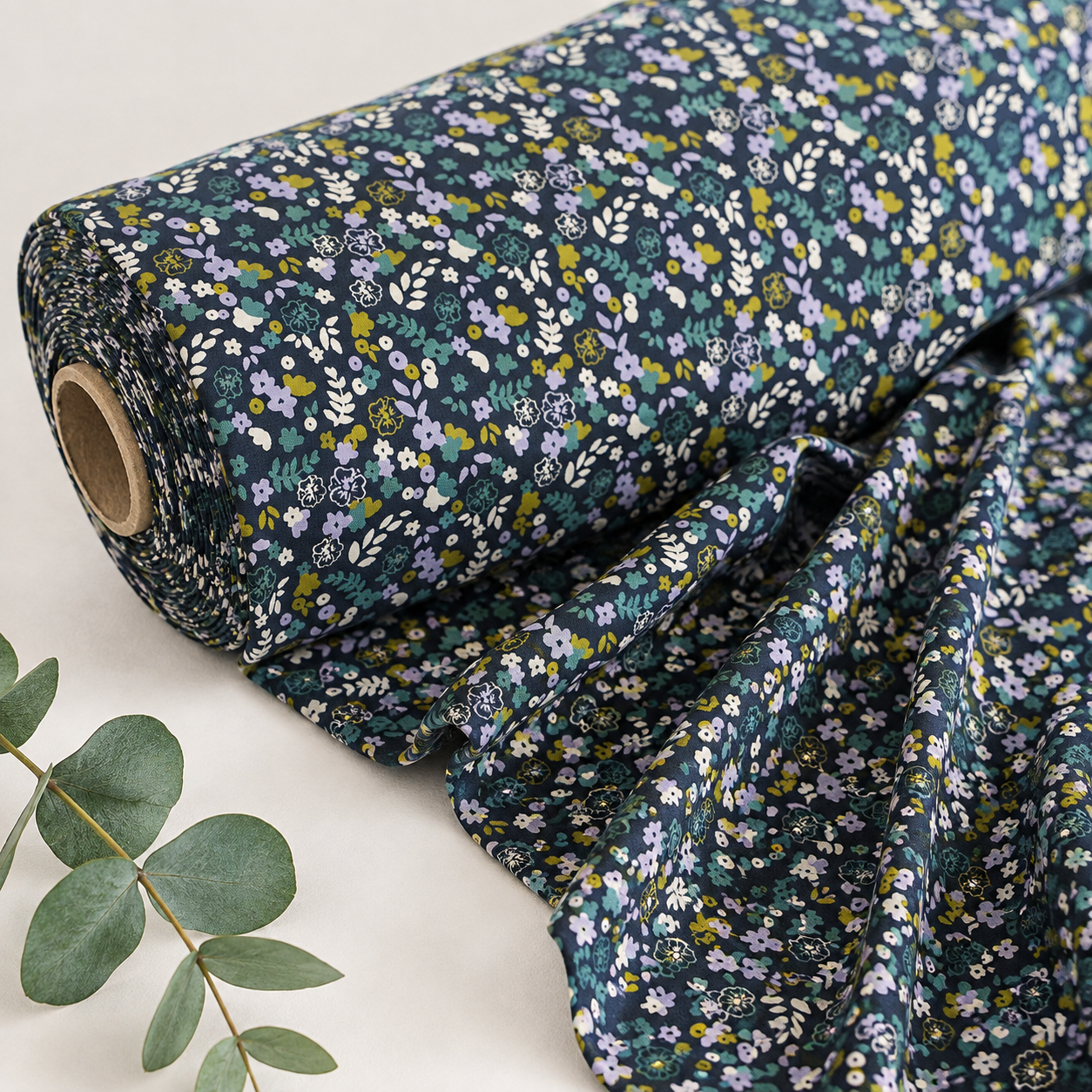 Cotton jersey with delicate flowers on a dark blue background - GOTS certified