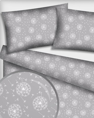 Tissu 100 % coton, duvet de pissenlit sur fond gris 125 g/m²
