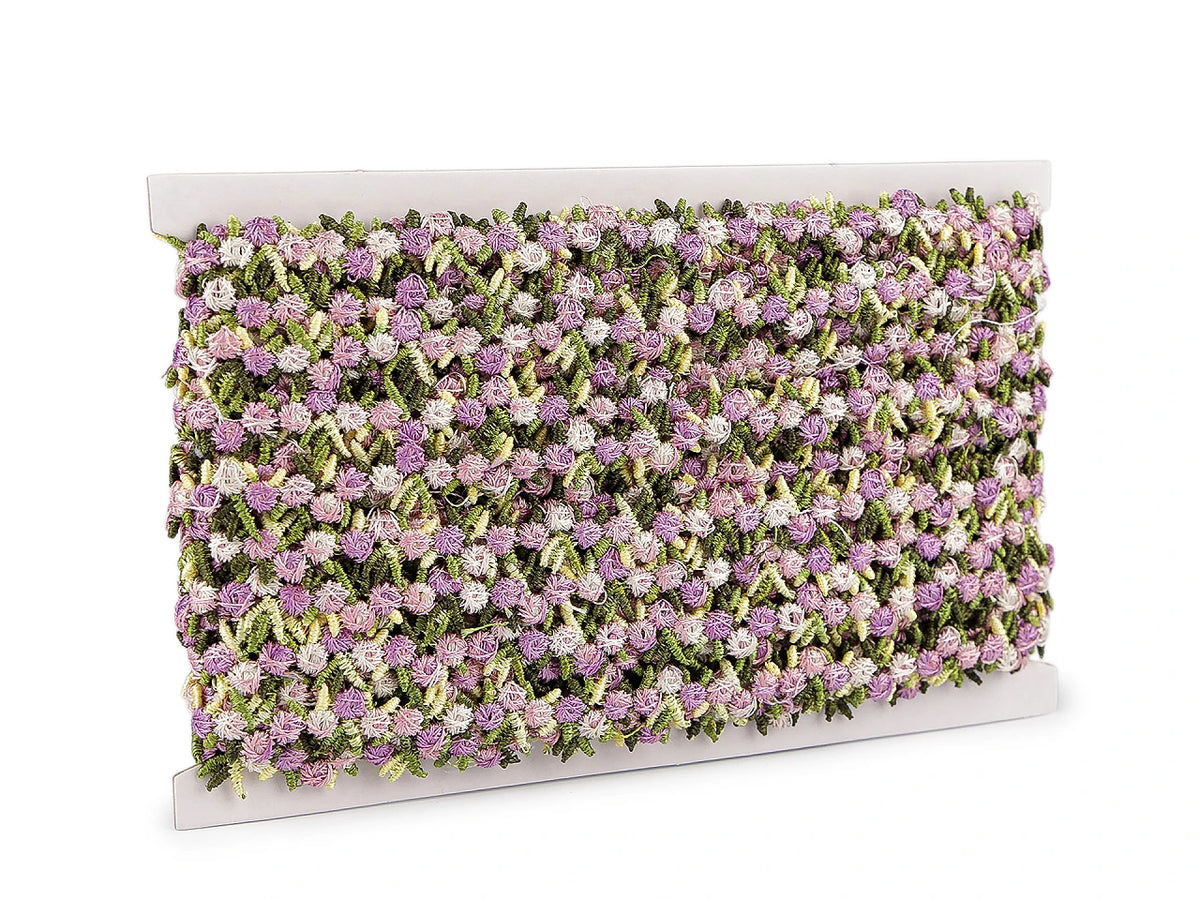 Dekoratīvā lente ar 3D ziediem – gaiši violeta, 15 mm