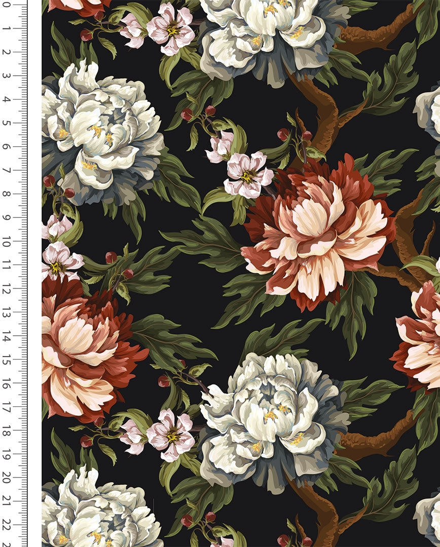 Maille bouclette en coton - pivoines sur fond noir