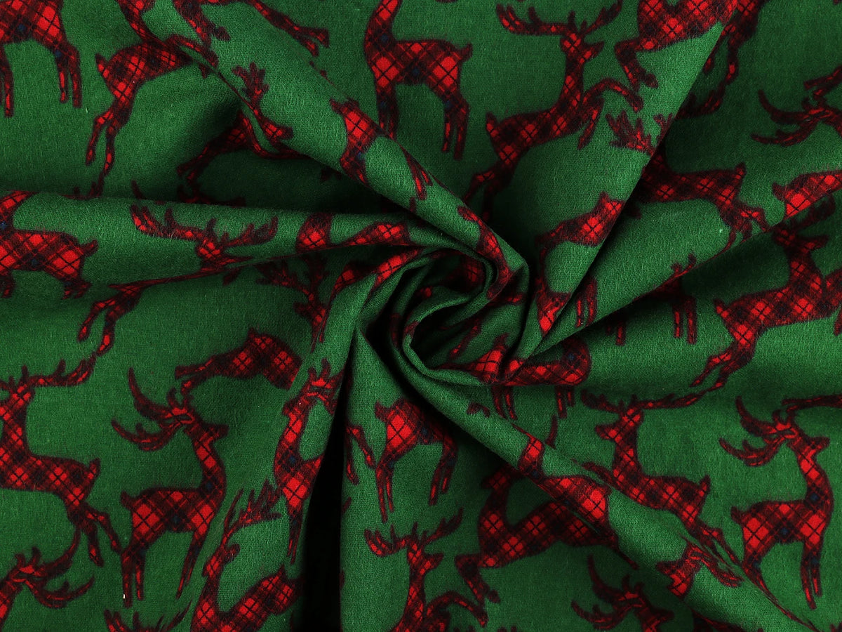 Flanelle en coton de Noël à rennes sur fond vert