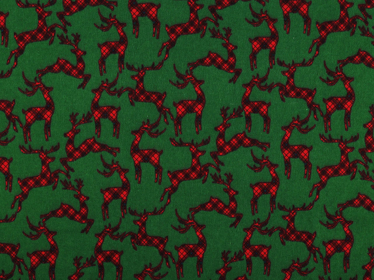 Flanelle en coton de Noël à rennes sur fond vert