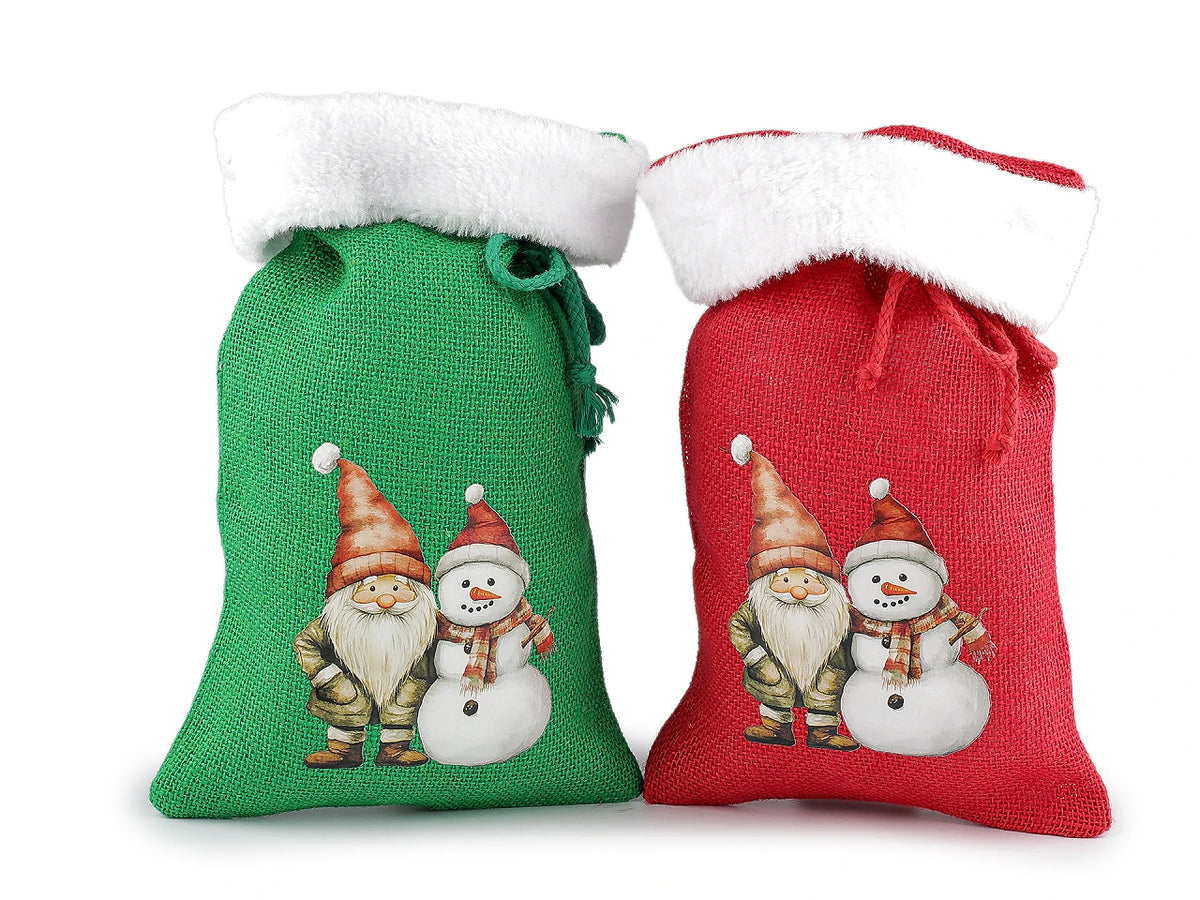 Sac cadeau de Noël en jute avec bordure duveteuse – 20 × 30 cm