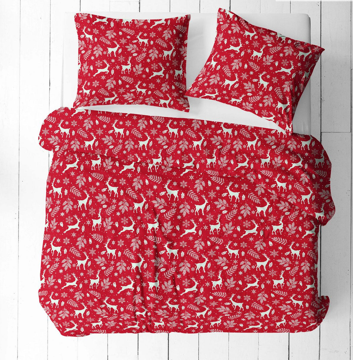 Tissu 100 % coton – cerfs blancs sur fond rouge