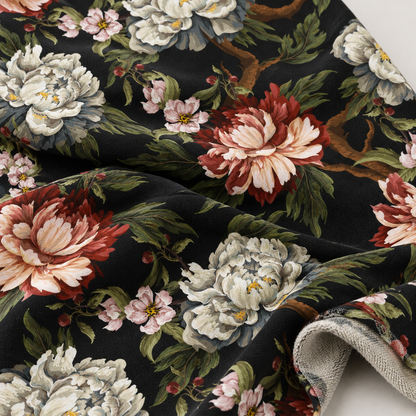 Maille bouclette en coton - pivoines sur fond noir