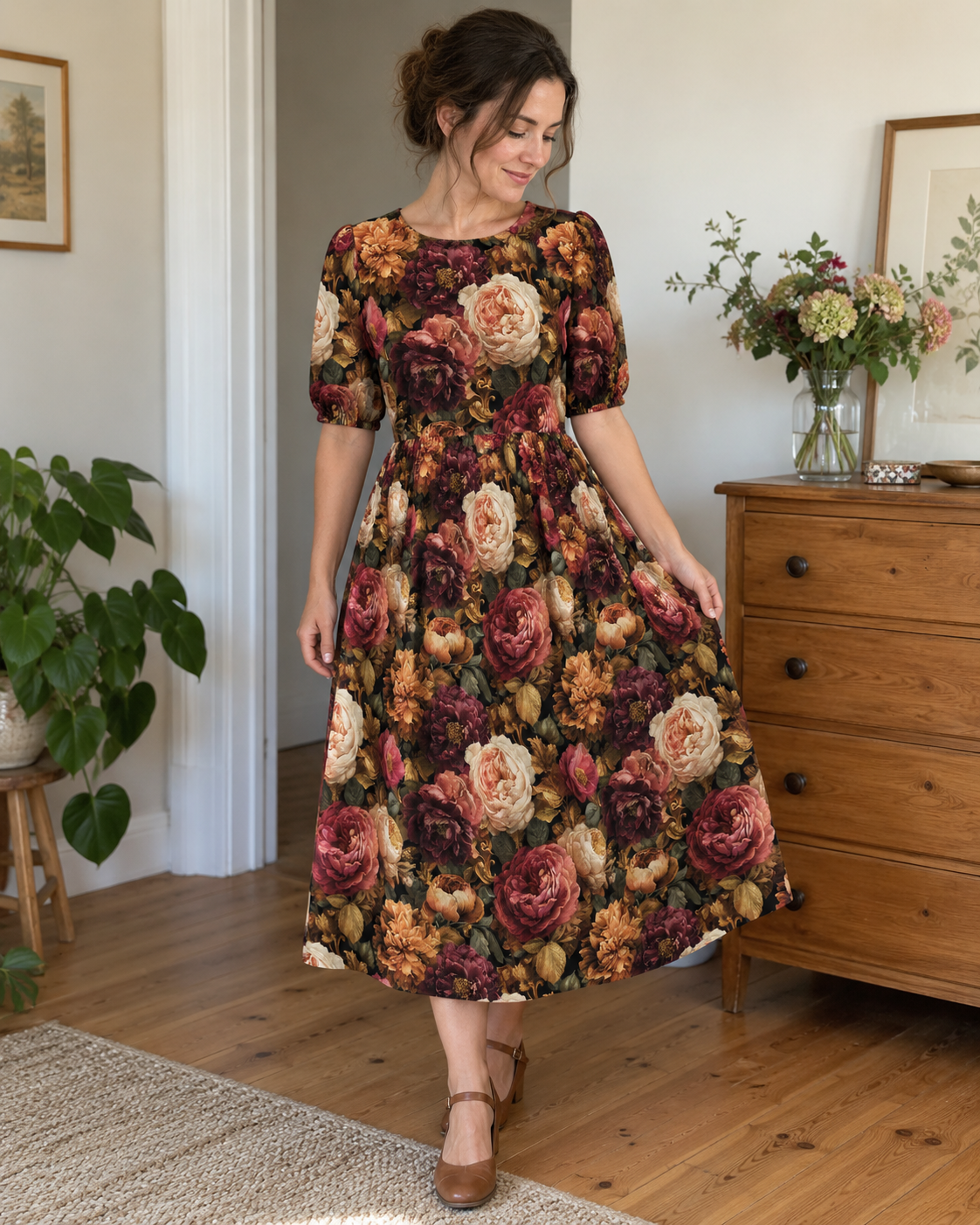 Tissu en gabardine de viscose - pivoines et roses