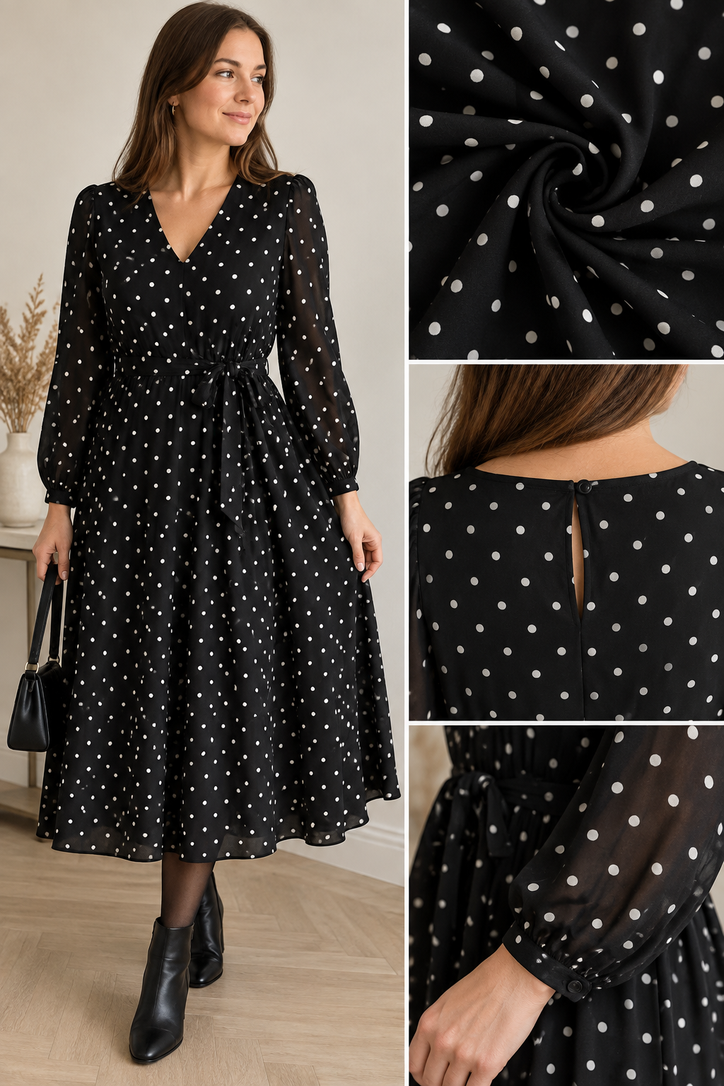 Vichy en viscose avec élasthanne - pois blancs sur fond noir