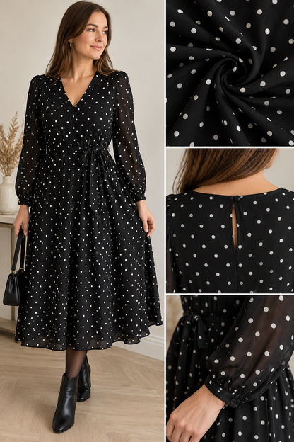 Vichy en viscose avec élasthanne - pois blancs sur fond noir
