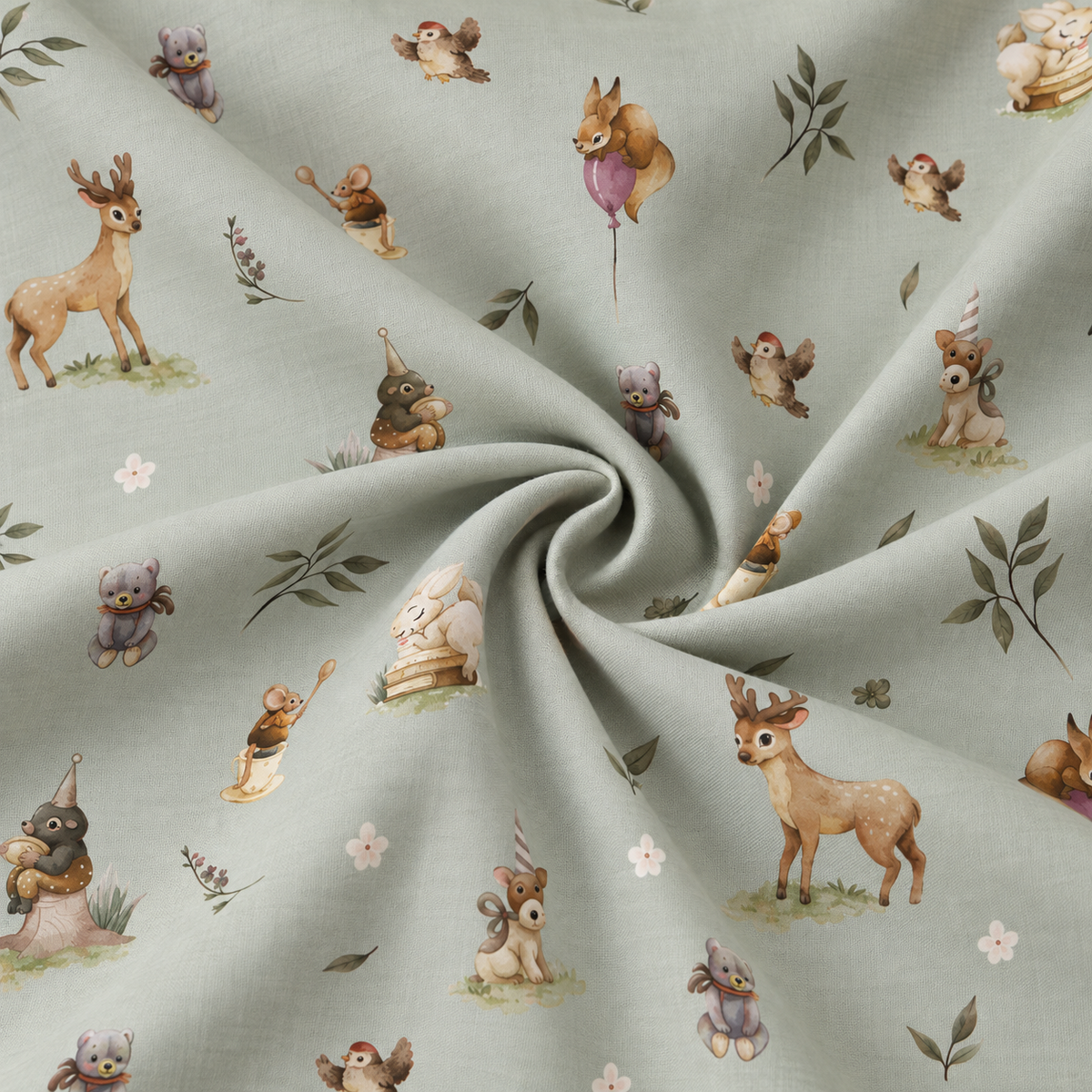 Flanelle 100 % coton à fleurs sur fond vert gris
