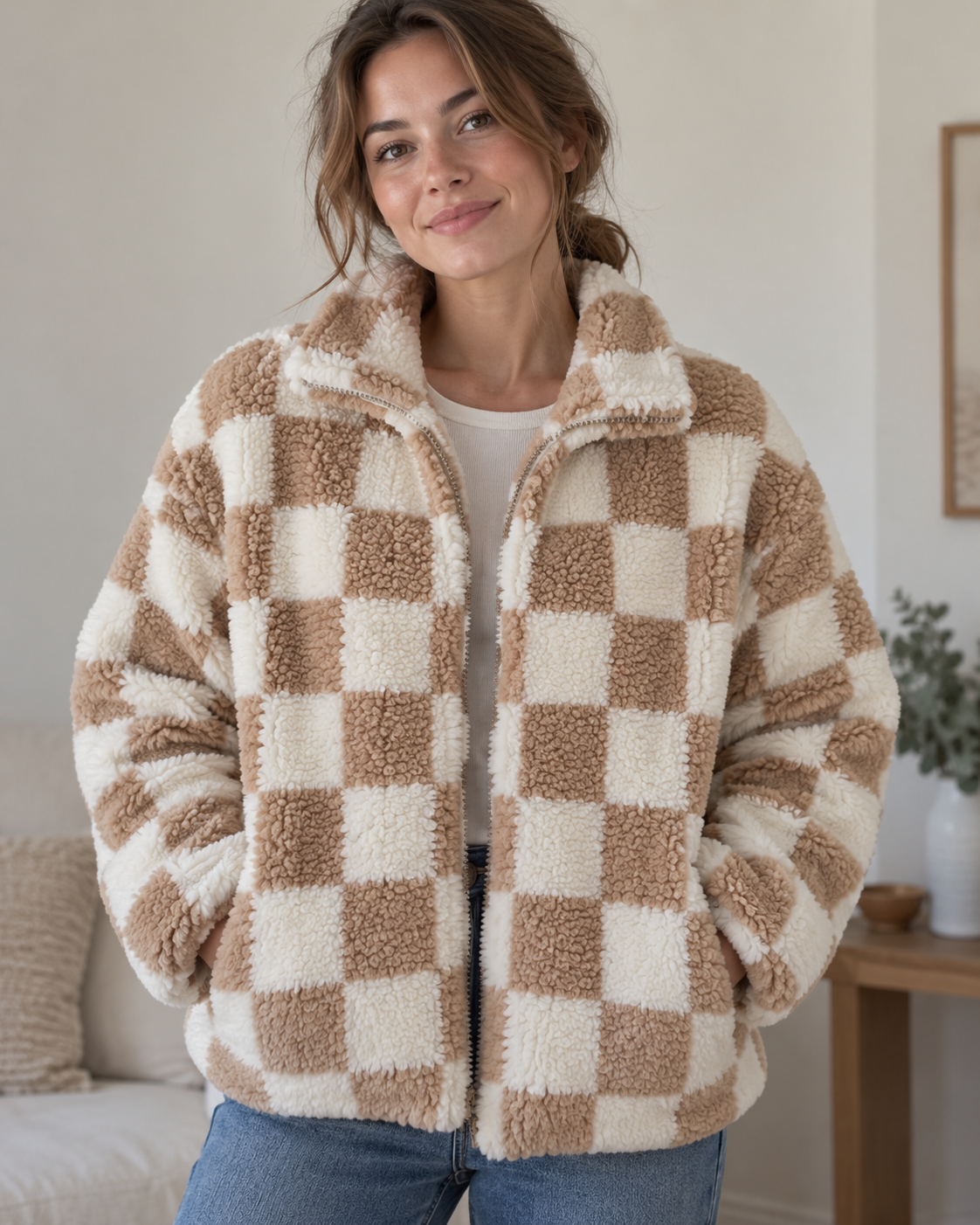 Teddy en polaire à carreaux beige