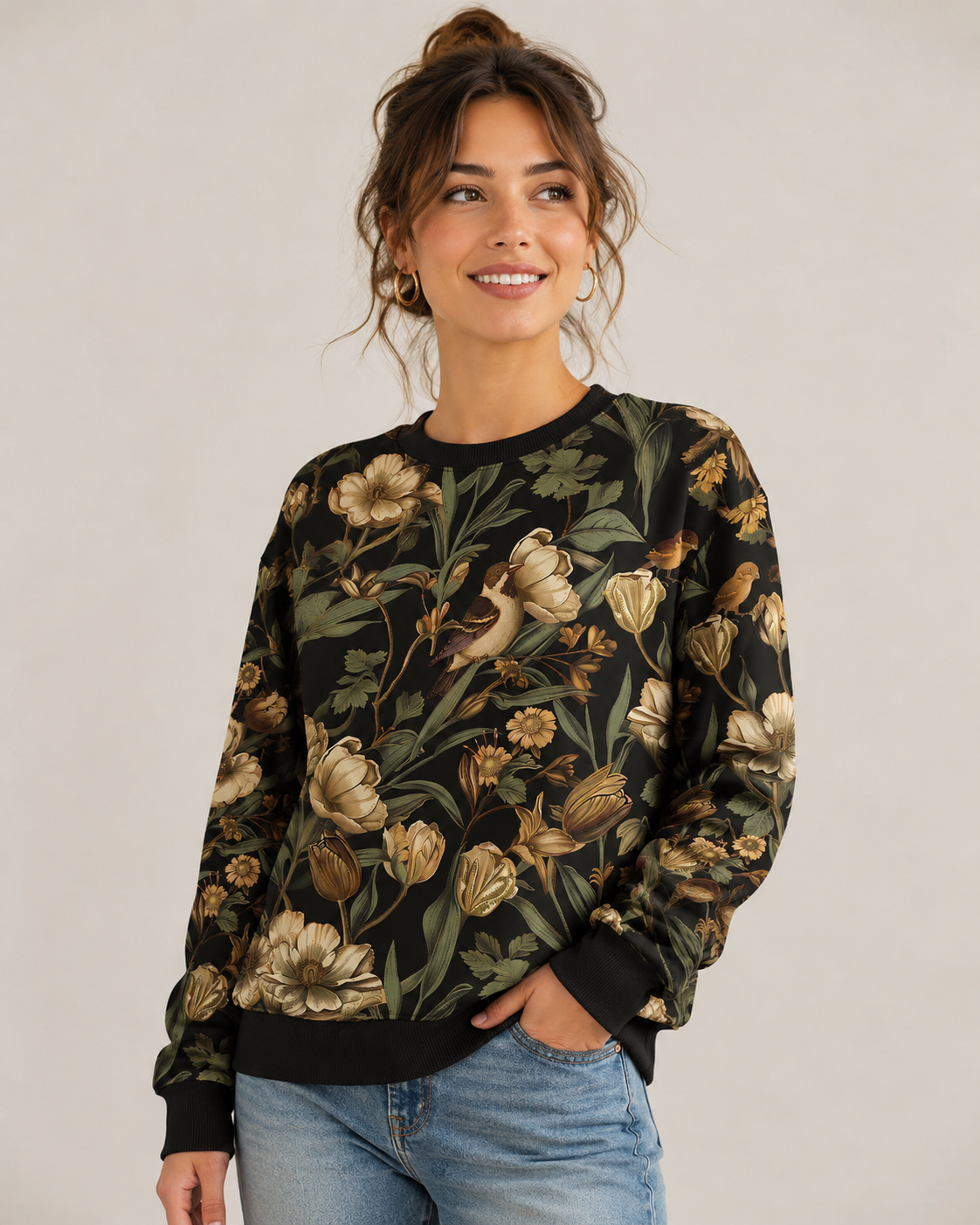 Warme Jerseyware, Alpenfleece-Stoff mit romantischen Blumen und Vögeln
