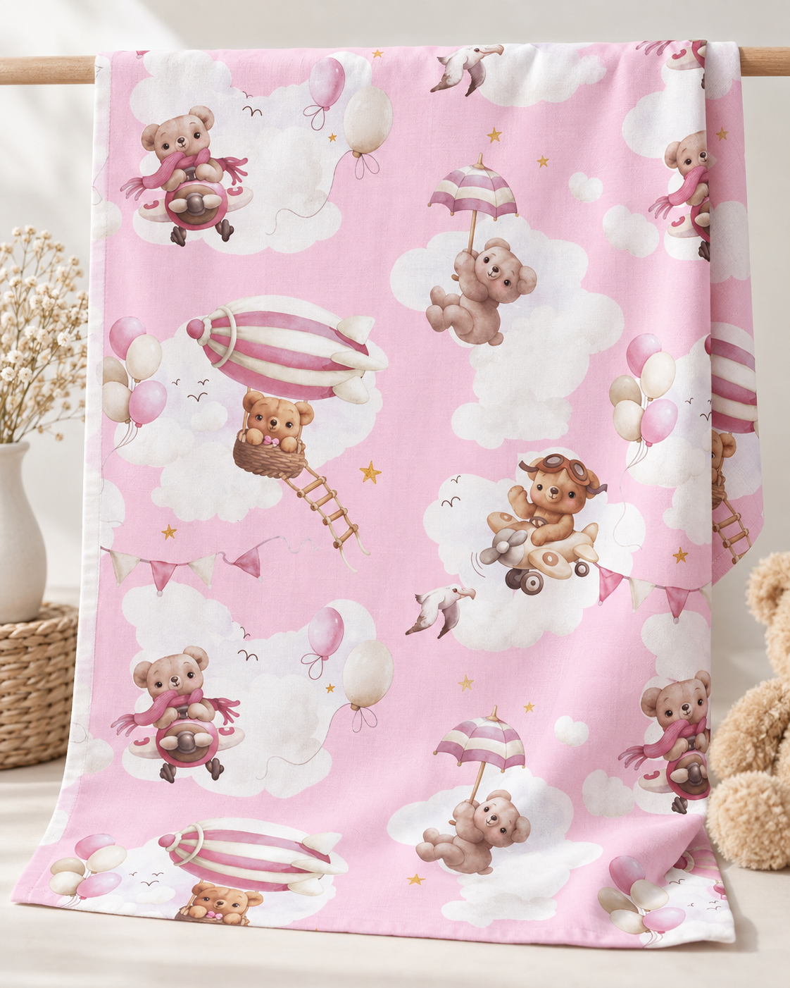 Flanelle 100 % coton avec ours sur fond rose