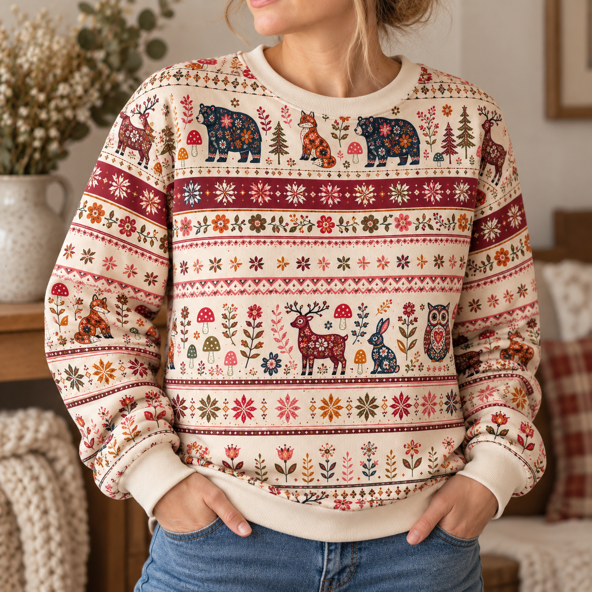 Maille bouclette en coton avec doublure - conte forestier scandinave
