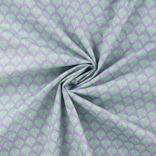Tissu 100 % coton premium - petites feuilles turquoise sur fond lilas