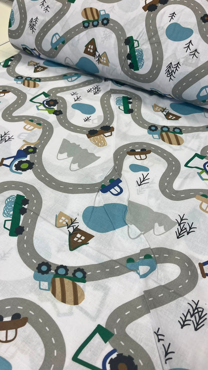 100% Kokvilnas audums-automobīļi uz ceļa