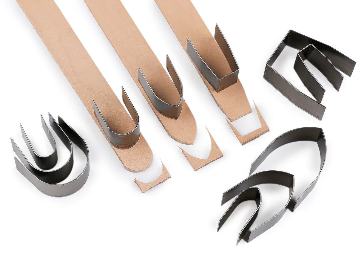 Image de formes de découpe pour extrémités de lanières en cuir – lot de 18 pièces – disponibles en ligne chez Šarlotes audumi