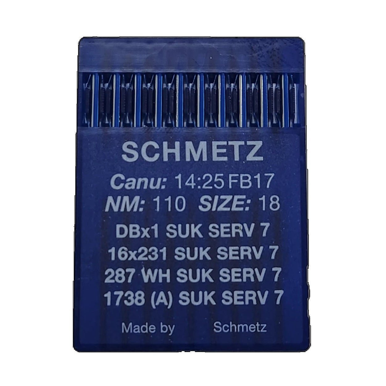 Image avec aiguilles pour machines à coudre industrielles SCHMETZ DBx1 SUK SERV 7 – pour maille et denim (10 pièces) – disponible chez Šarlotes audumi