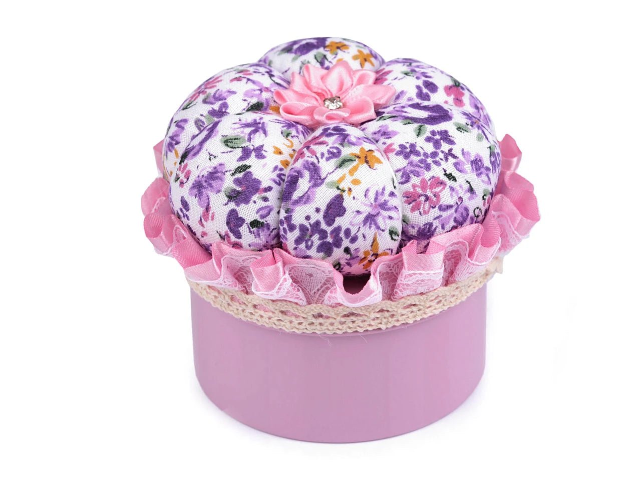 Coussin à aiguilles - porte-épingles dans une boîte - fleurs lilas