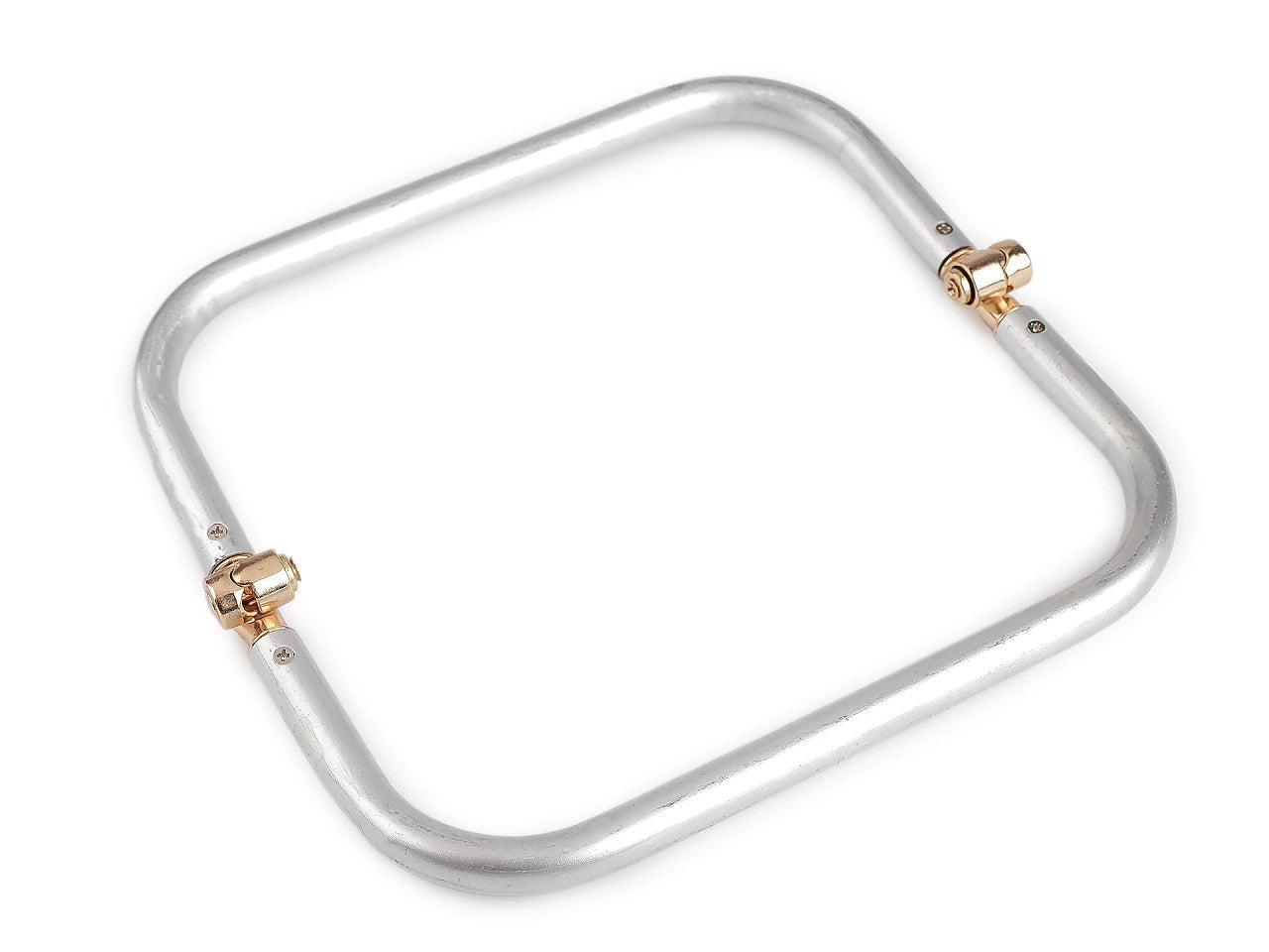 Bild eines Aluminium-Taschenrahmens mit goldfarbenem Verschluss, 20 × 19 cm – erhältlich bei Šarlotes audumi