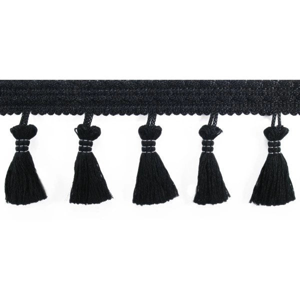 Ruban à franges avec pompons 55 mm - noir – disponible chez Šarlotes audumi