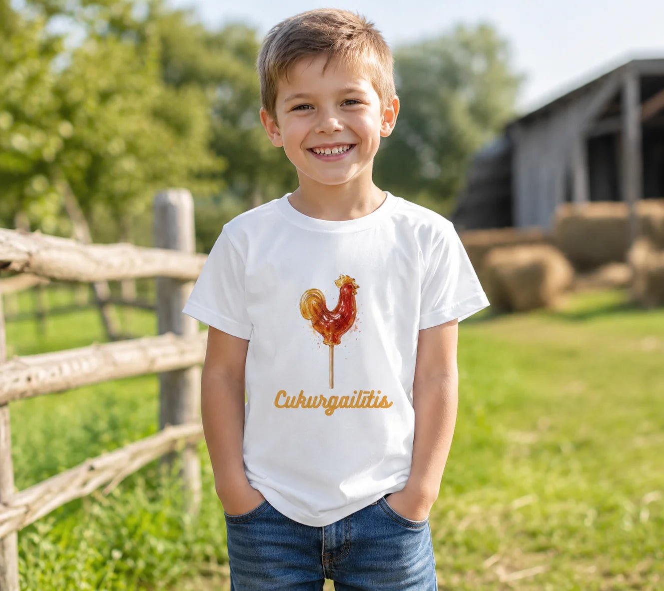 Bild von Kinder-Baumwoll-T-Shirt "Cukurgailītis" – erhältlich bei Šarlotes audumi