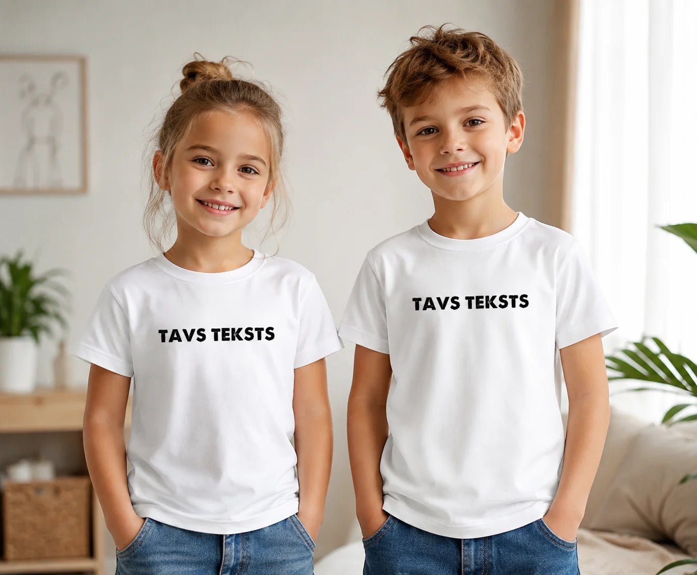 Image d’un T-shirt enfant imprimé avec votre texte – disponible chez Šarlotes audumi