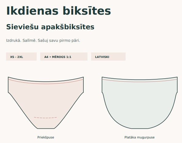 Image avec patron PDF GRATUIT de culotte femme | XS–2XL – disponible en ligne chez Šarlotes audumi