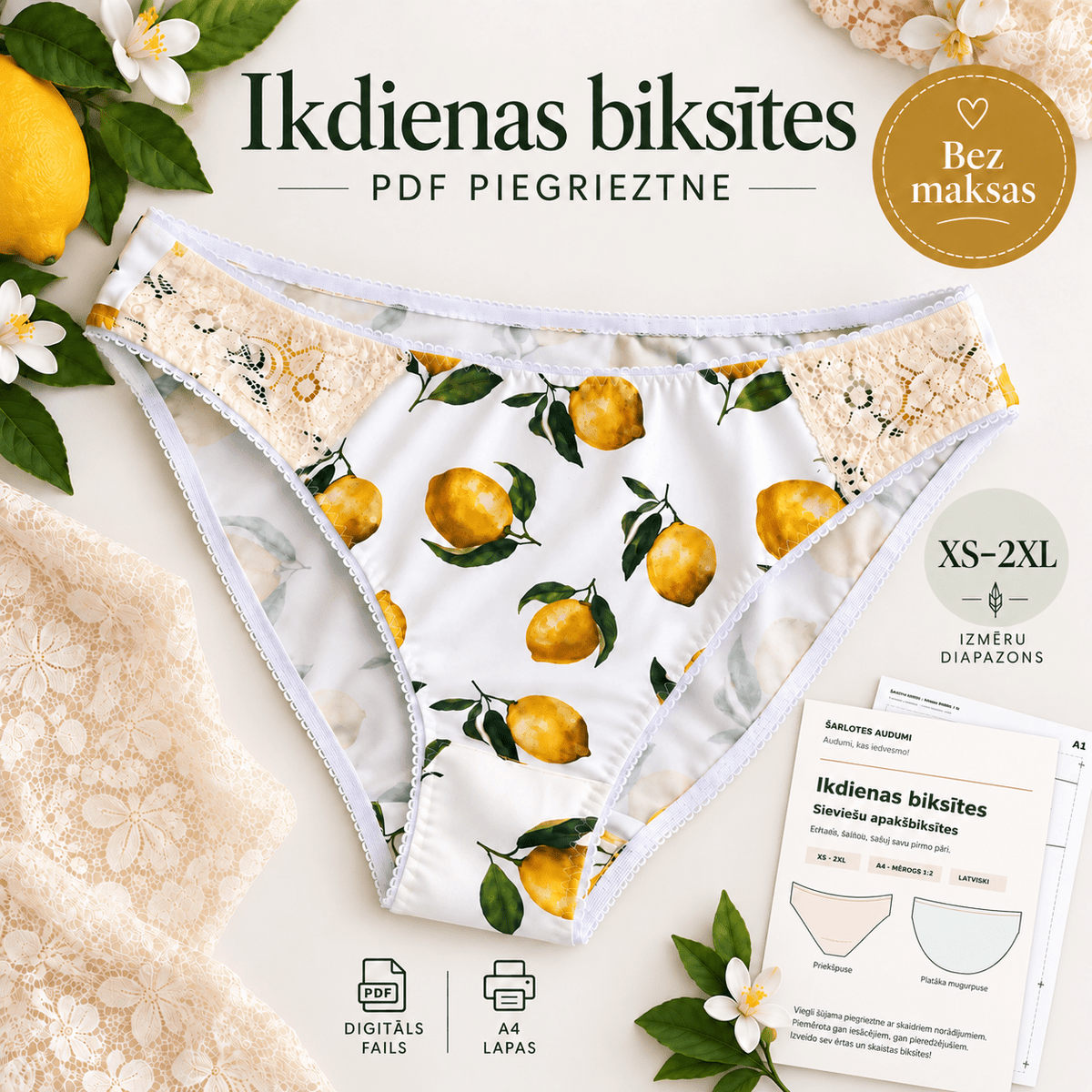 Image avec patron PDF GRATUIT de culotte femme | XS–2XL – disponible en ligne chez Šarlotes audumi
