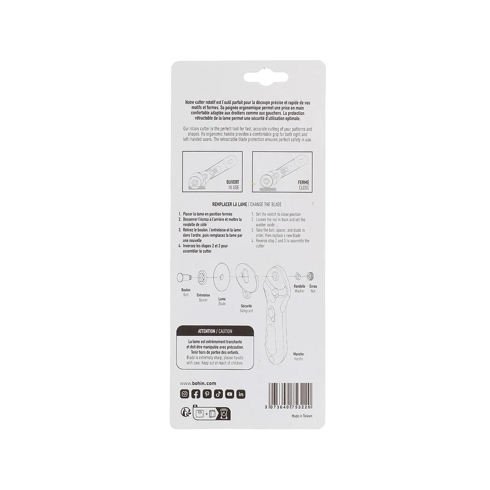 Bohin cutter rotatif pour tissu – 18 ou 45 mm – disponible en ligne chez Šarlotes audumi