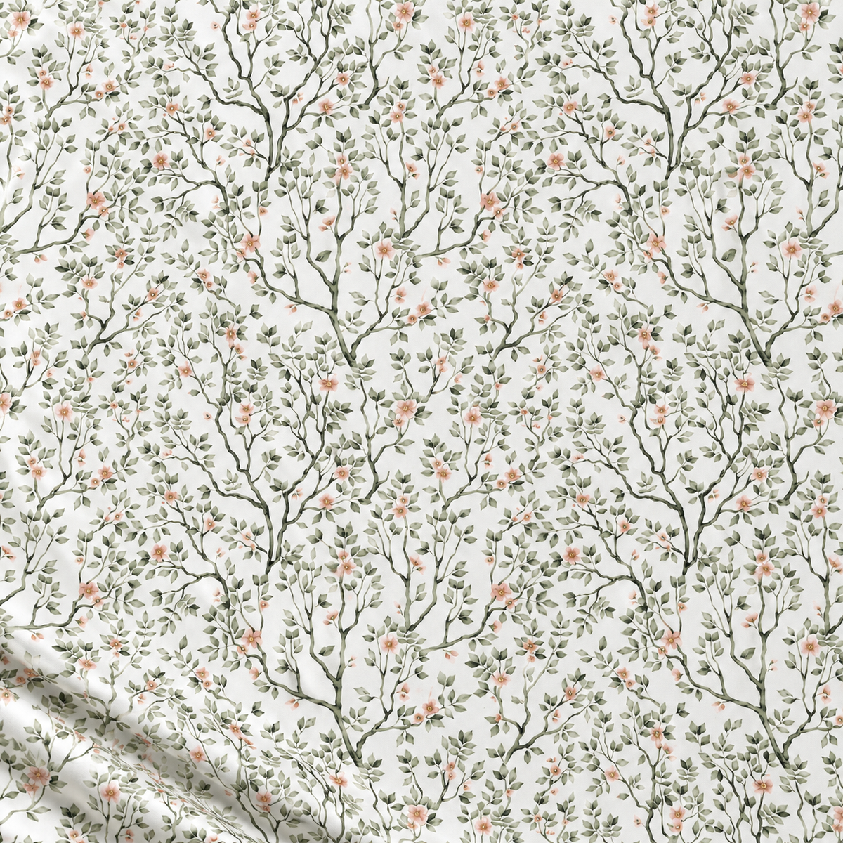 Tissu 100 % coton – délicates petites branches vertes avec des fleurs sur fond blanc