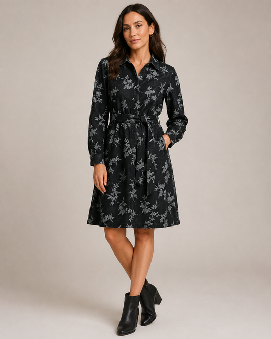 Tissu denim jacquard à fleurs – noir