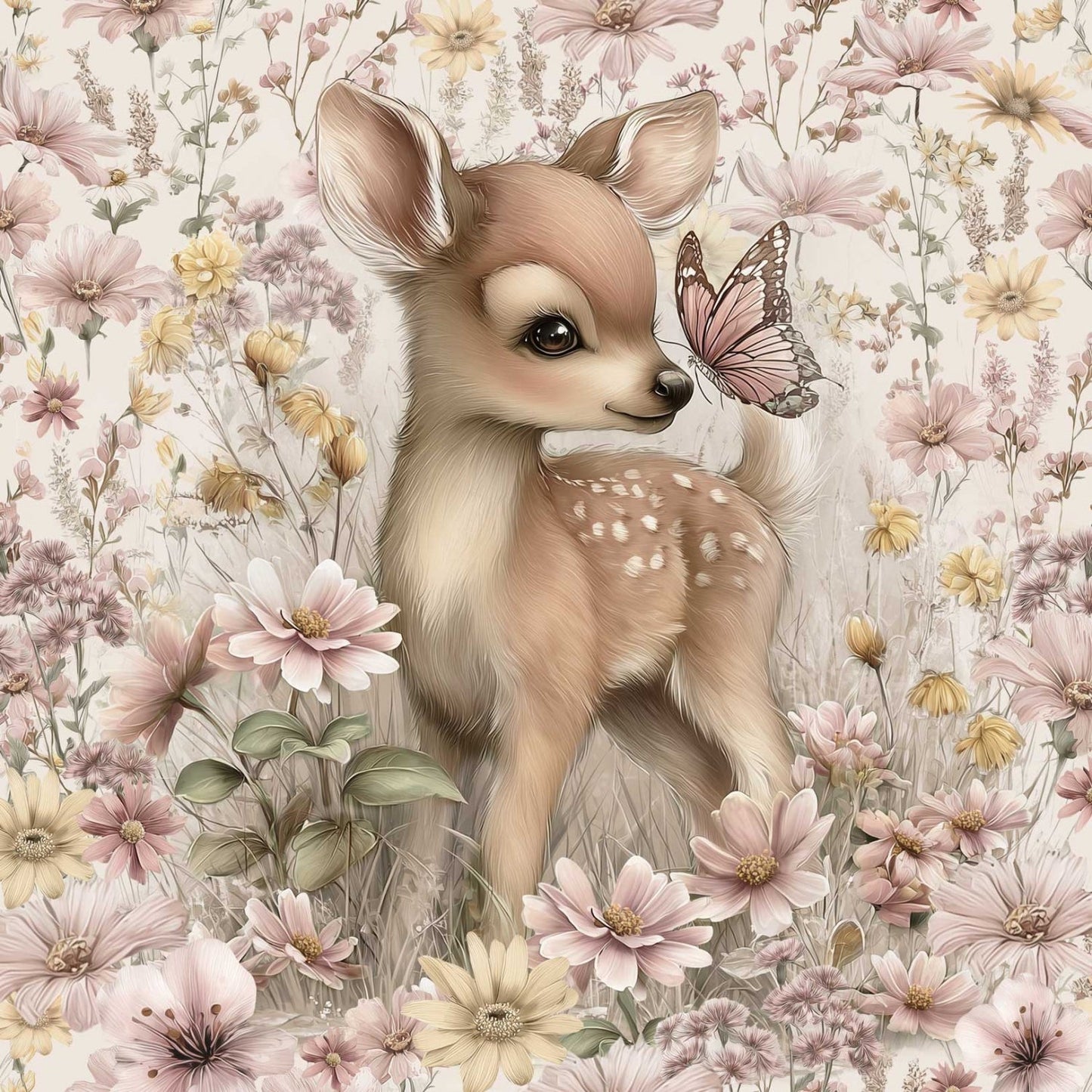 Image avec panneau en tricot à boucles 40x50 cm - Bambi dans une prairie fleurie 250 g/m² – disponible chez Šarlotes audumi
