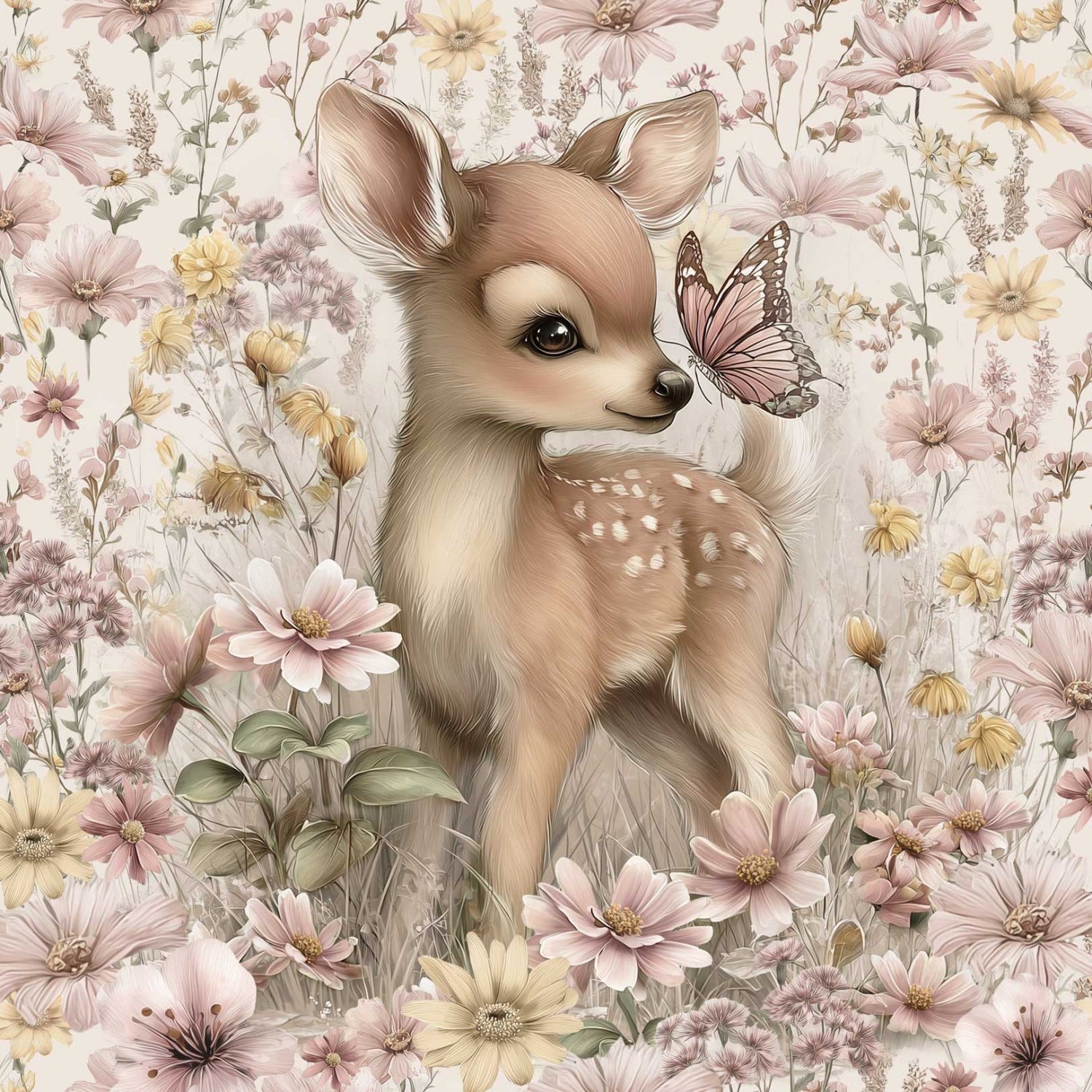 Image avec panneau en tricot à boucles 40x50 cm - Bambi dans une prairie fleurie 250 g/m² – disponible chez Šarlotes audumi
