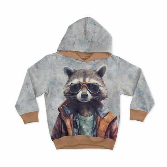 Image with French terry panel - raccoon in a stylish aviator look 250 g/m² | Design - 01 – available at Šarlotes audumi