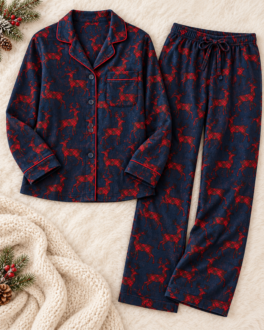 Flanelle de coton de Noël avec des rennes sur fond bleu