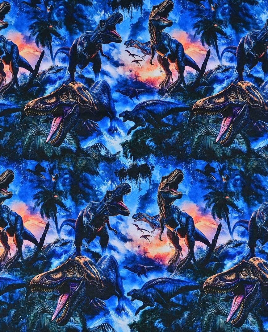 Tricot de coton, jersey dinosaures sur fond bleu foncé