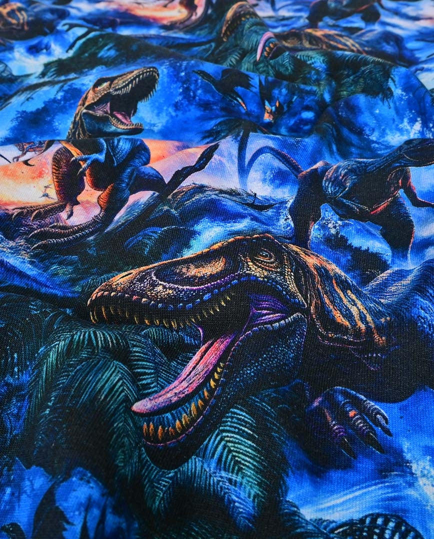 Tricot de coton, jersey dinosaures sur fond bleu foncé