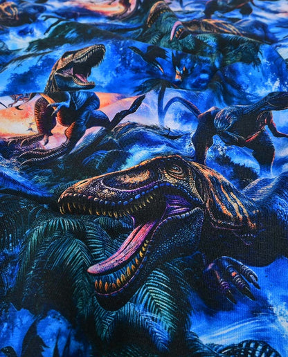 Tricot de coton, jersey dinosaures sur fond bleu foncé