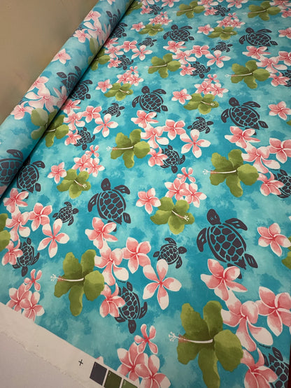 Französischer Stoff mit tropischem Blumenmuster in Blaugrüntönen – 160 g/m²