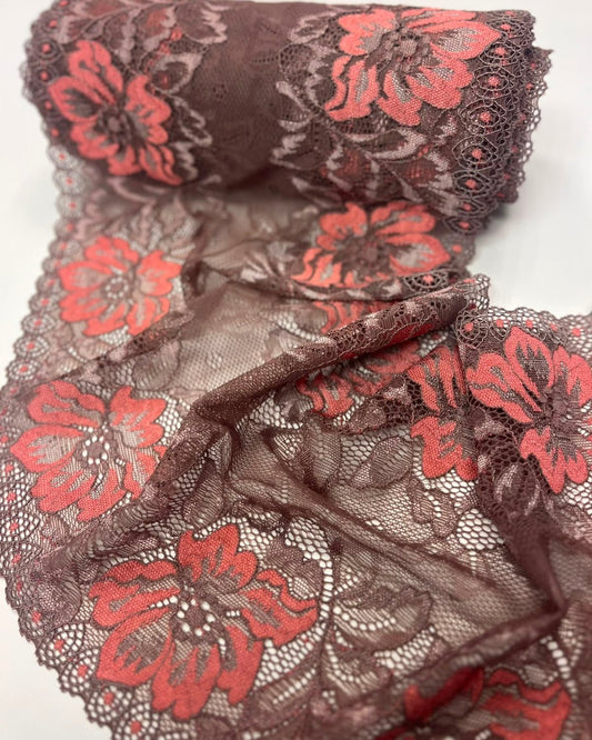 Image de dentelle élastique 22 cm-brune à fleurs orange – disponible en ligne chez Šarlotes audumi