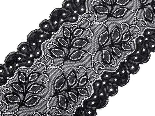 Dentelle élastique en polyester, 16 cm, noire