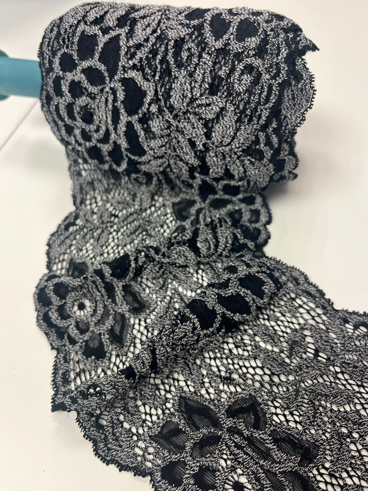 Elastic floral lace 14 cm-black with gray – available online at Charlotte's Fabrics