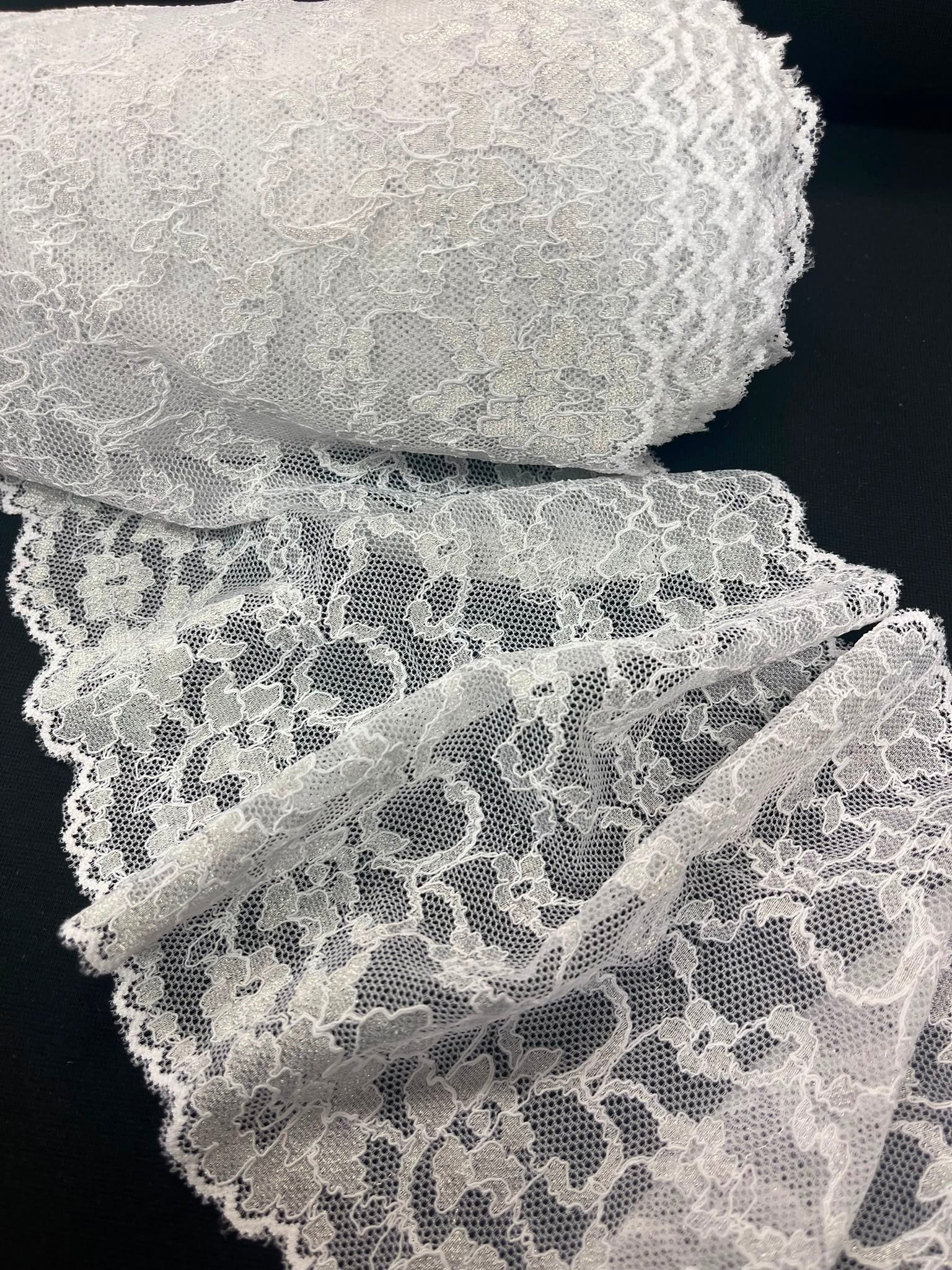 Image of elastic floral lace, 18 cm, white with silver – available online at Charlotte's Fabrics