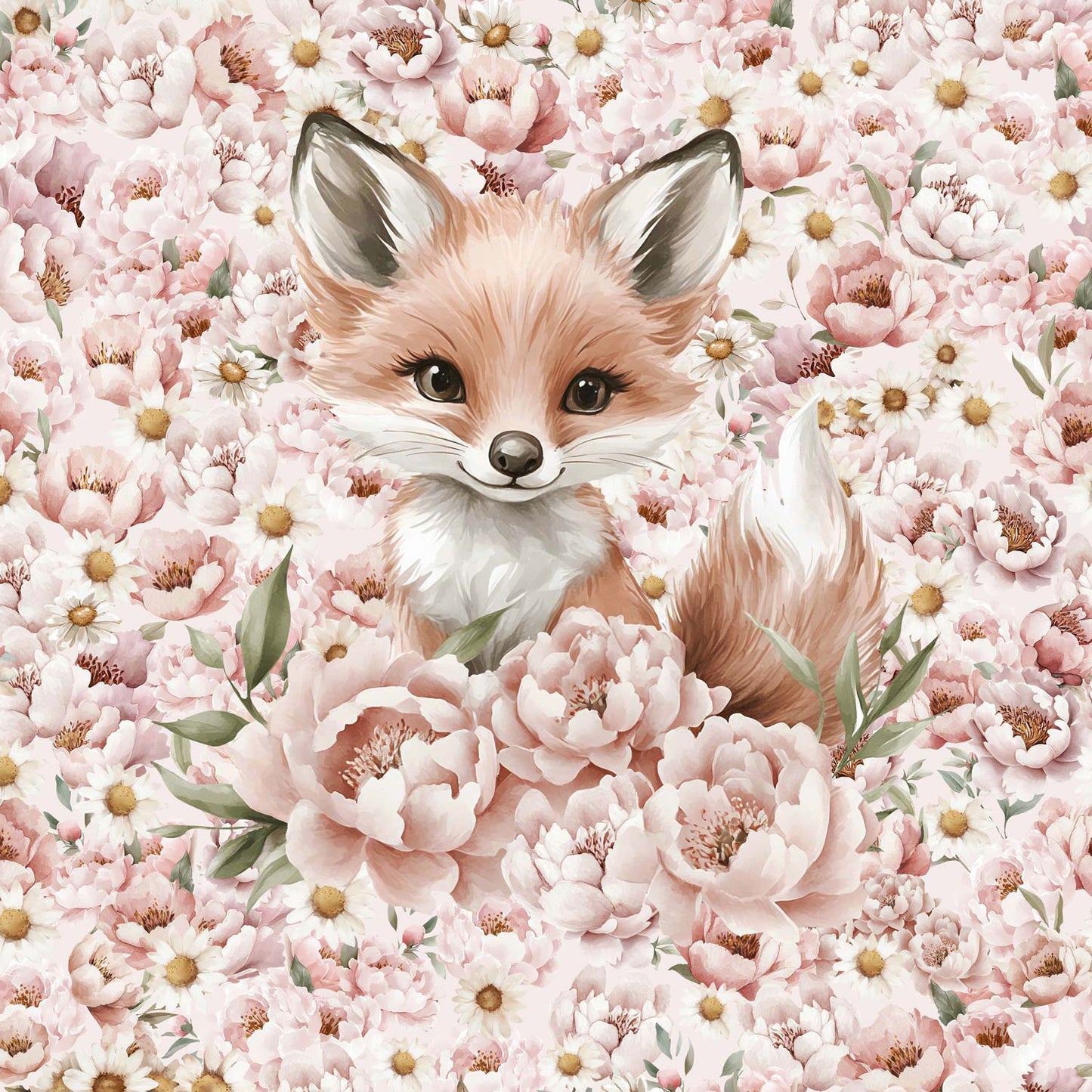 Französisches Frottee-Panel – Gänseblümchen und Pfingstrosen, Fuchs 250 g/m² | Design-05