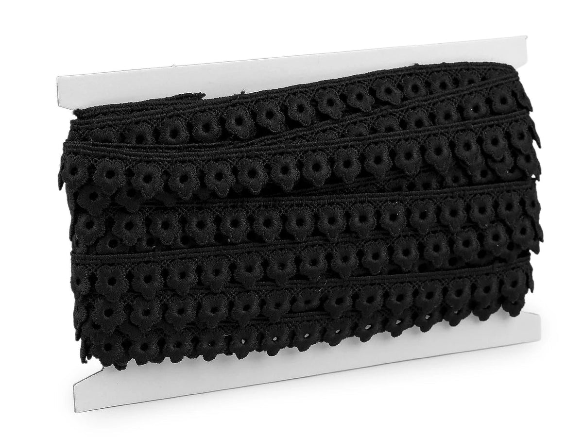 Image de dentelle guipure 17 mm – blanche et noire – disponible en ligne chez Šarlotes audumi