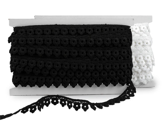 Image de dentelle guipure 17 mm – blanche et noire – disponible en ligne chez Šarlotes audumi
