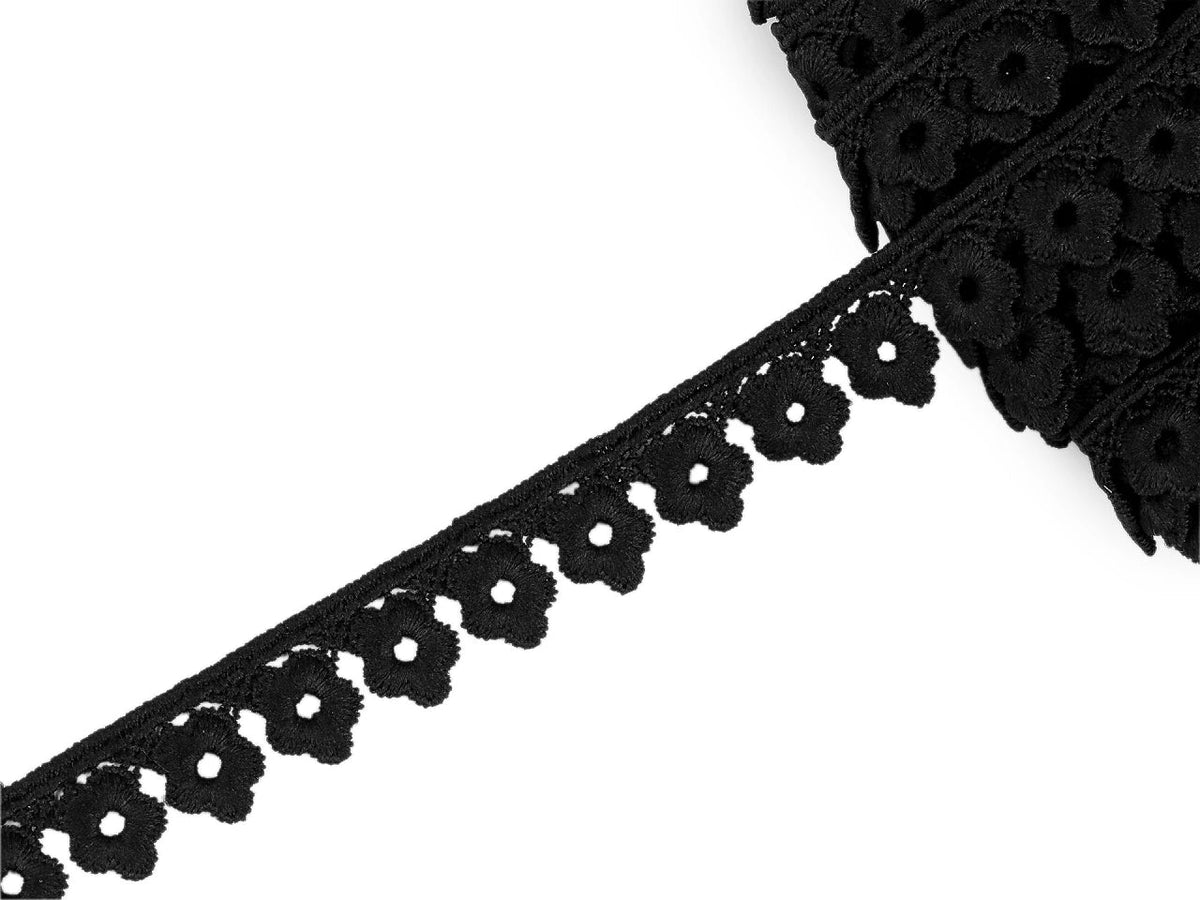 Image de dentelle guipure 17 mm – blanche et noire – disponible en ligne chez Šarlotes audumi