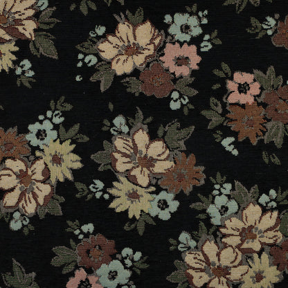Tapestry with flowers and gold accents on black, 420 g/m² – available at Šarlotes audumi
